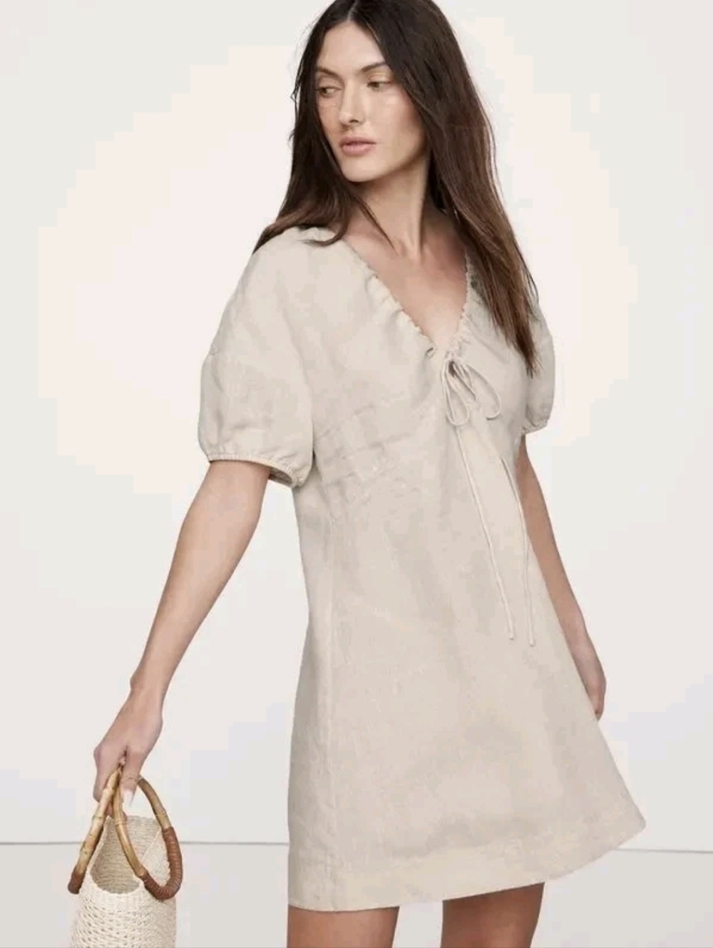 Banana Republic Natural Linen V-Neck Tie Front Puff Sleeve Mini Dress Small S